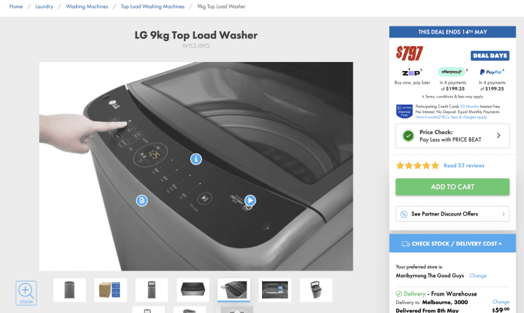 The Good Guys: LG 9kg Top Load Washer (WTL3-09G) – $784 with Price Beat